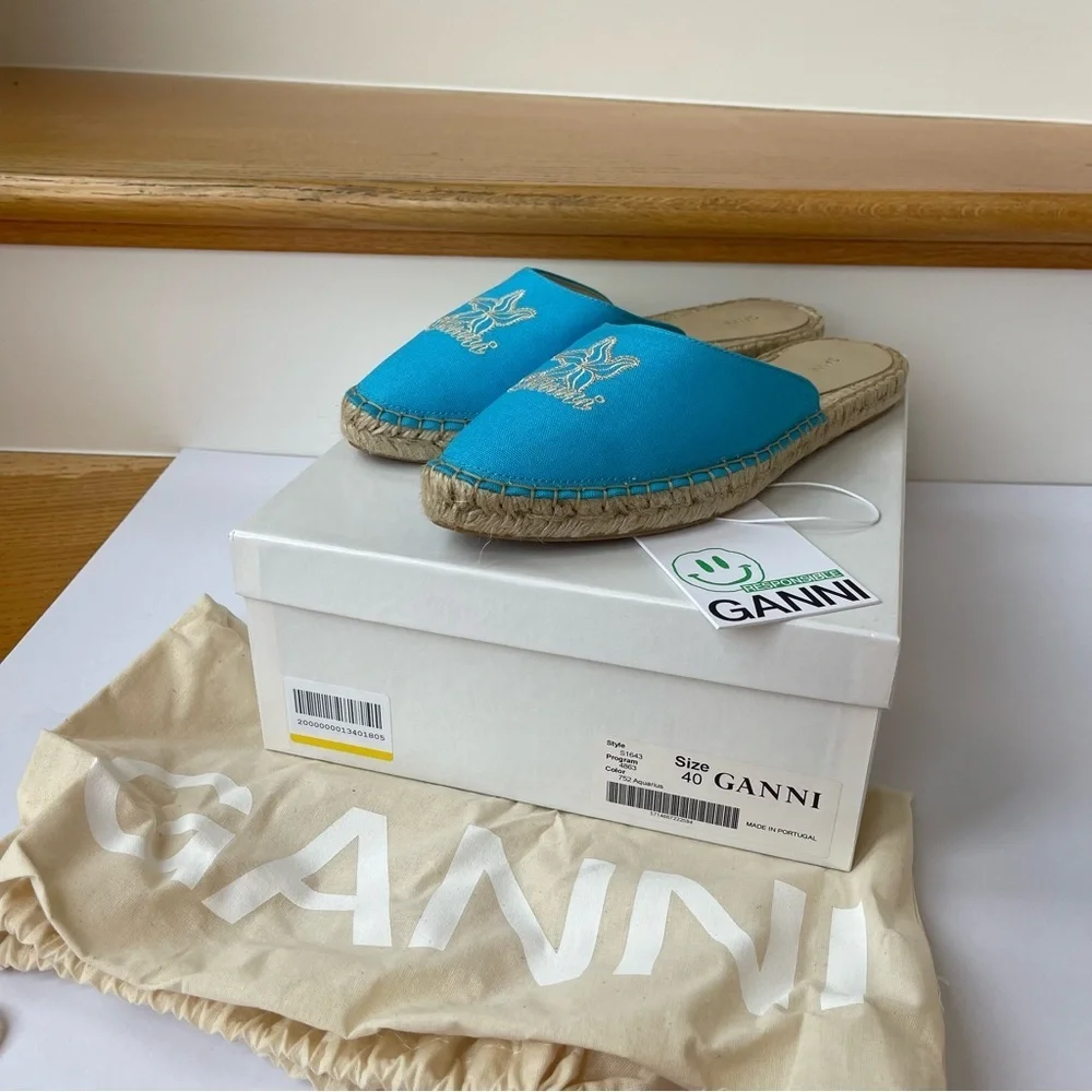 NWT Ganni embroidered espadrilles canvas aqua blue Aquarius starfish slippers